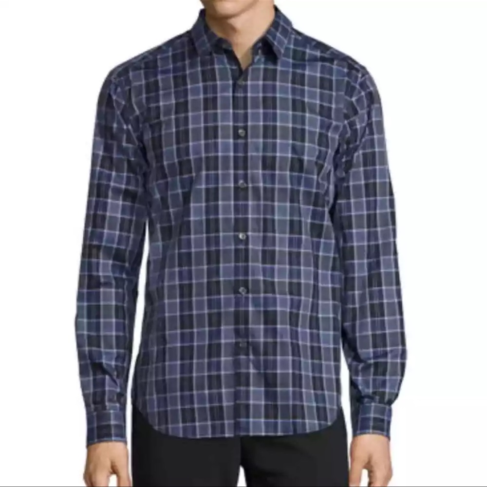 Theory Zack Plaid Domingo Deep Blue Button Dress Shirt Size‎ XL